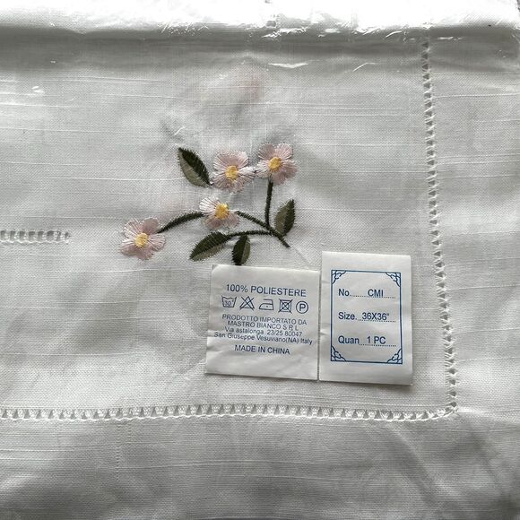 Embroidered 100% Polyester Tablecloth White with Pink Floral Size 36" x36" - Picture 4 of 6